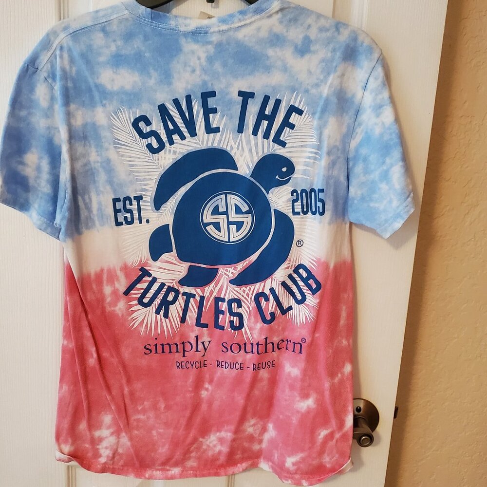 Simply Southern Blue & Pink Tie Dye Shirt - Sz Med - "Save the Turtles Club"